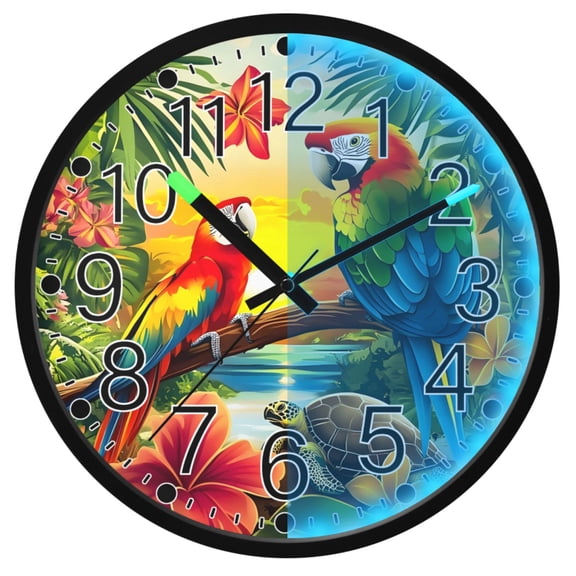 Ryvnso Tropical Jungle Parrots 12 Inch Night Light Wall Clock Silent Battery Operated Luminous Clocks