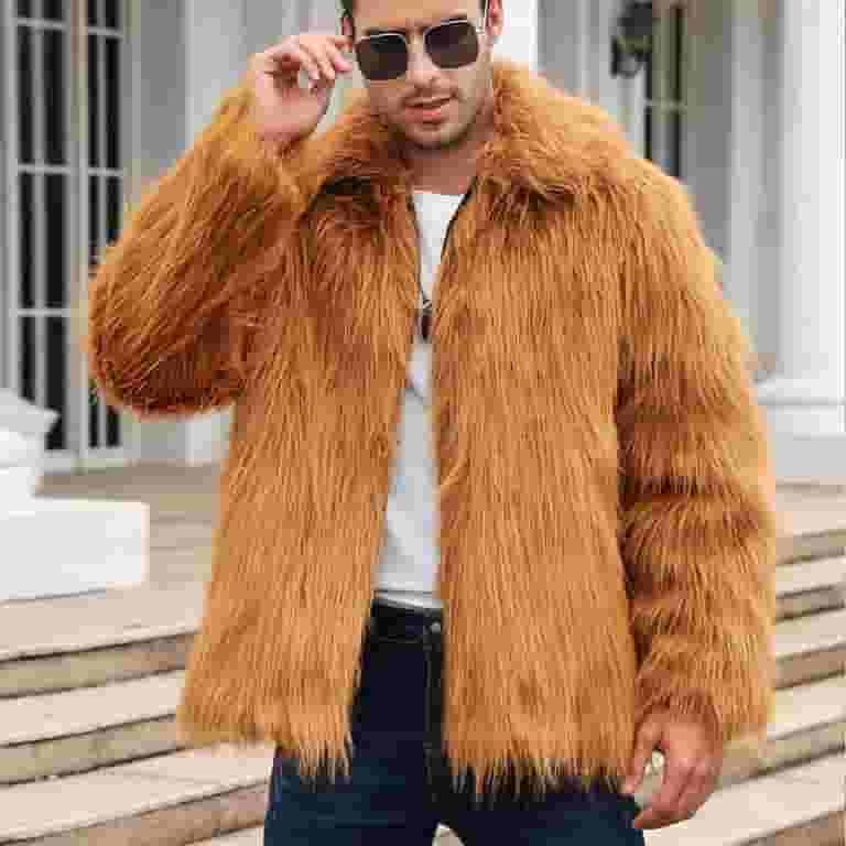 大人気新品 Fur Faux Men's Penkiiy Short Warm Leopard Winter Coat Clothing