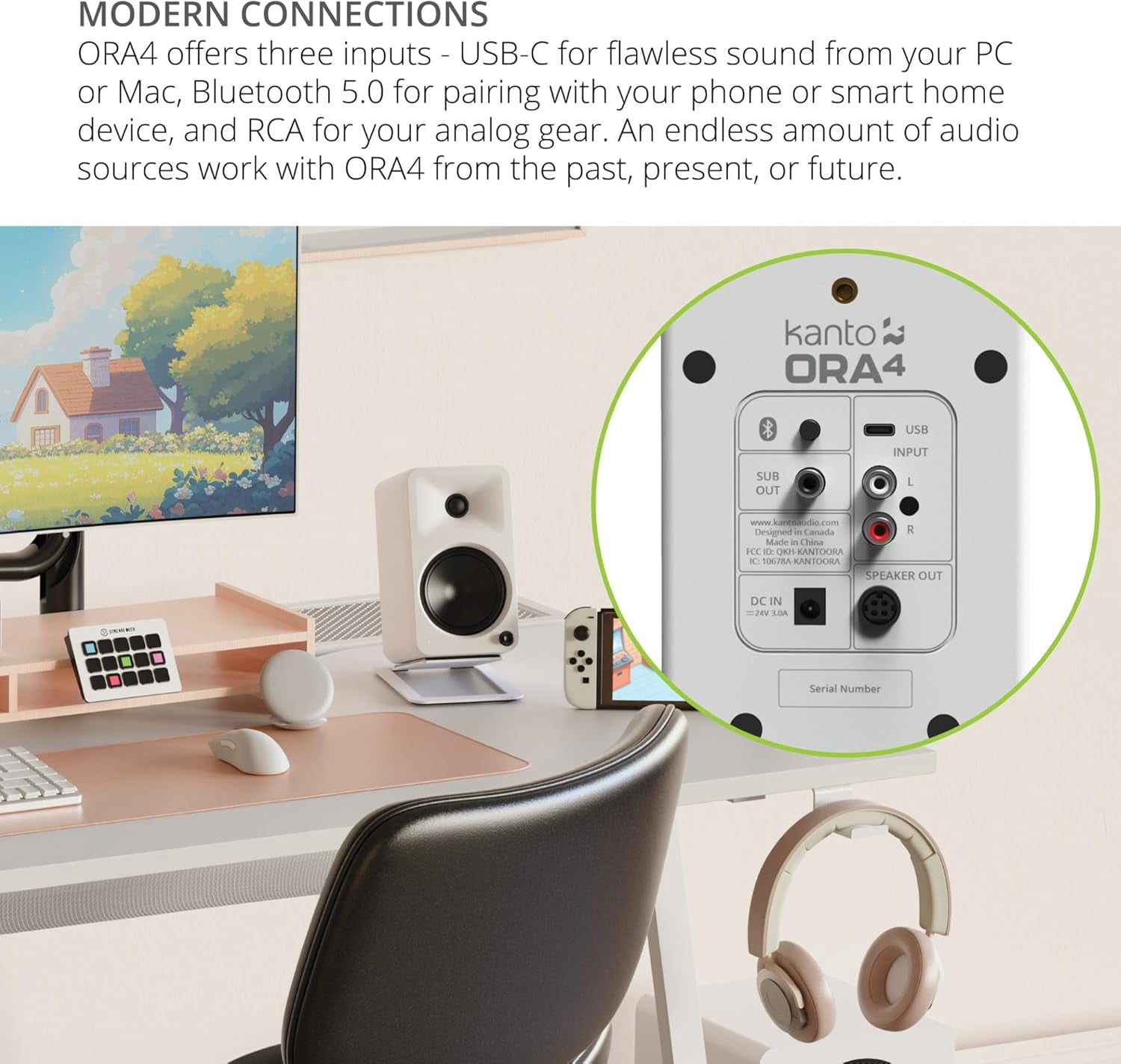Kanto ORA4MW Pro Audio Bluetooth Desktop Speakers - Matte White Pair with Kanto S6W Angled Desktop Speaker Stands for Large Speakers - White Pair (2024)