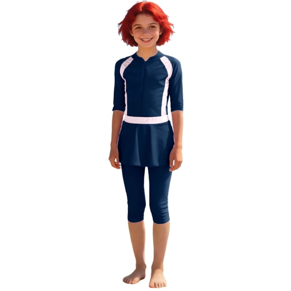 OGLCCG Burkini Swimsuits for Kids Girls Short Sleeve Full Cover Top Skirted Swimming Cap Capris ​Pants Set Quick Dry Modest Islamic Bathing Suit 2-13 Years