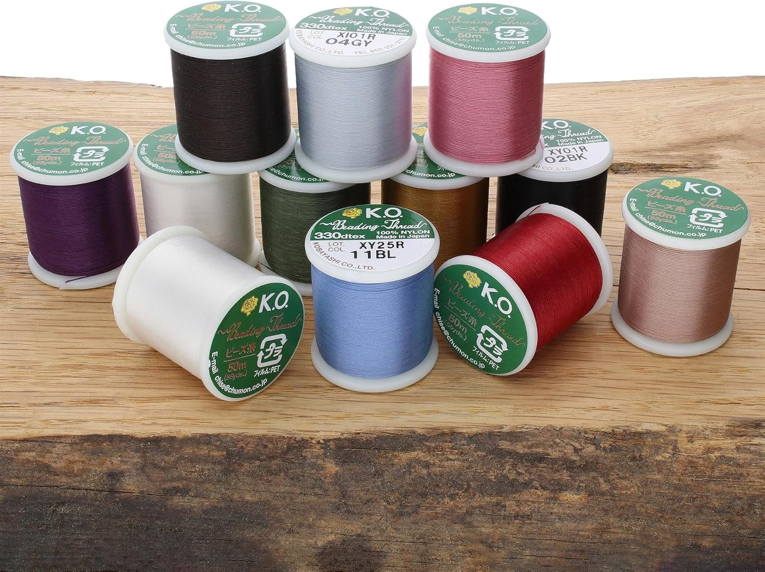 KO Thread, Nylon Beading Thread, 12-Piece Color Assortment, Japanese Pre-Waxed 100% Nylon, 330TEX, Tangle Resistant Knotting Cords, 50 meters, Use for seed bead projects, loom work and bead weaving