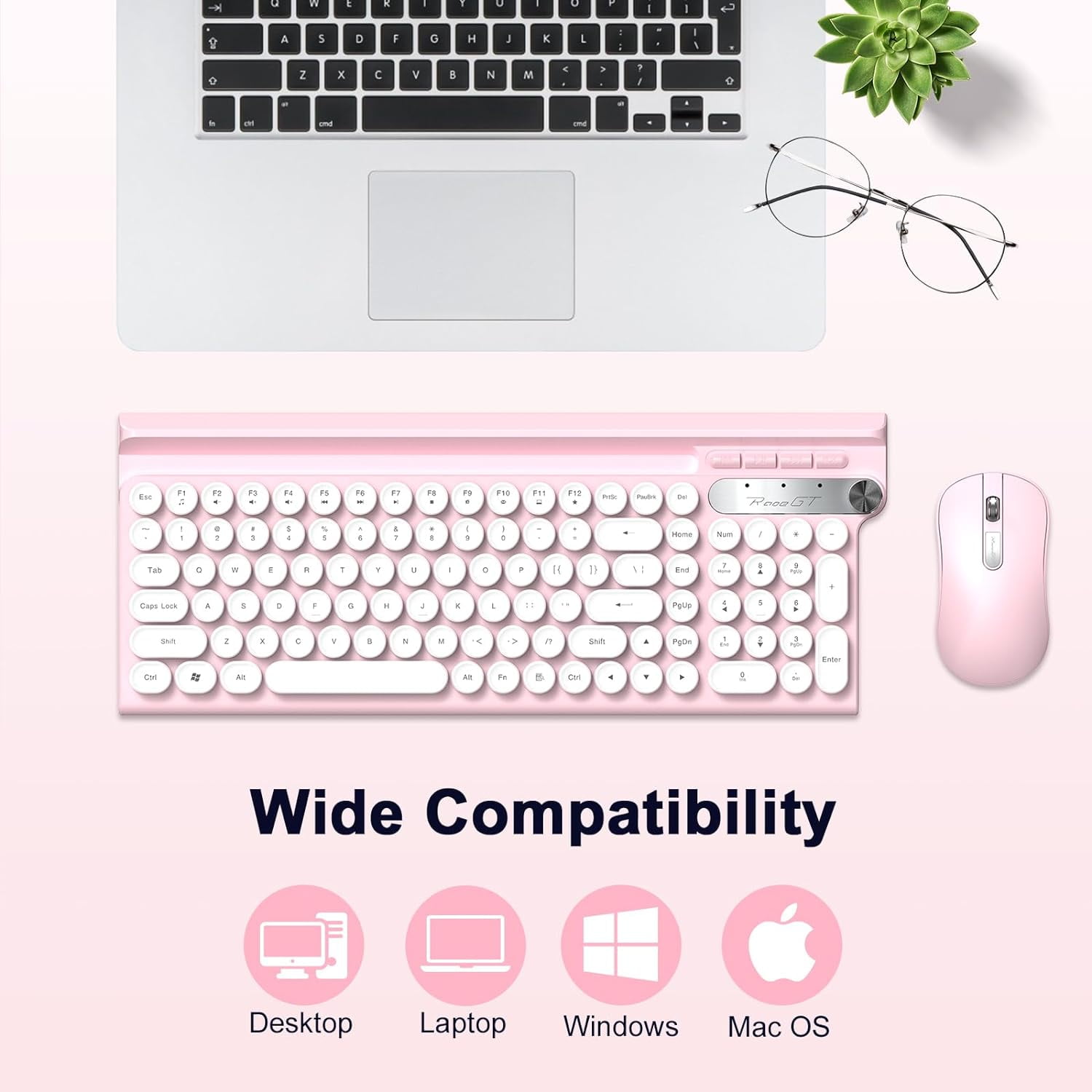 Wireless Keyboard and Mouse Combo, RaceGT Silent Keyboard Mouse Set, Retro Cute Typewriter Keyboard with Phone Tablet Holder, Round Keycaps, 2.4G Mouse Compatible with PC/Laptop/Computer(Pink)