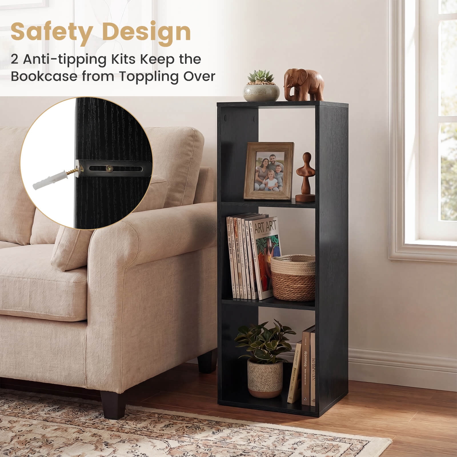 Costway 3-Cube Bookshelf, Modern Vertical Bookcase with Back Guardrail & Anti-tipping Kits Black