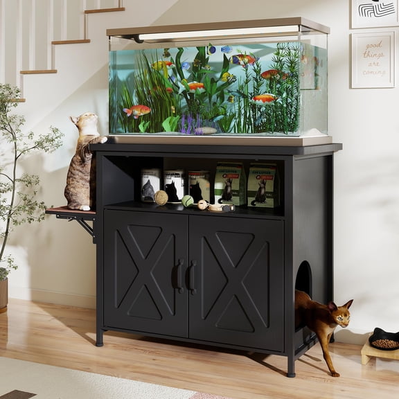 Black 40-50 Gallon Aquarium Stand with Cat Litter Box Enclosure