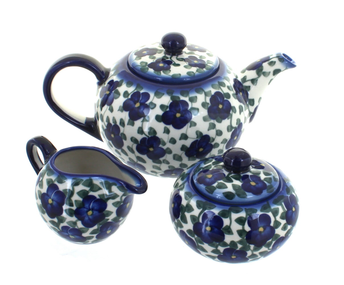 Polish Pottery Violets 3 Piece Tea Set