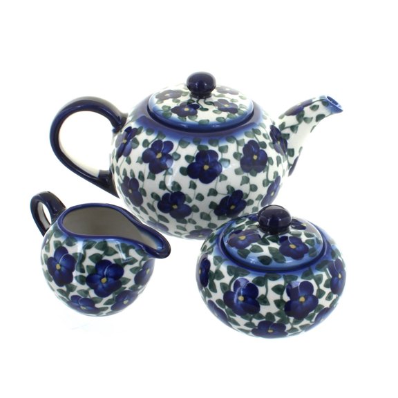 Blue Rose Polish Pottery Violets 3 Piece Tea Set