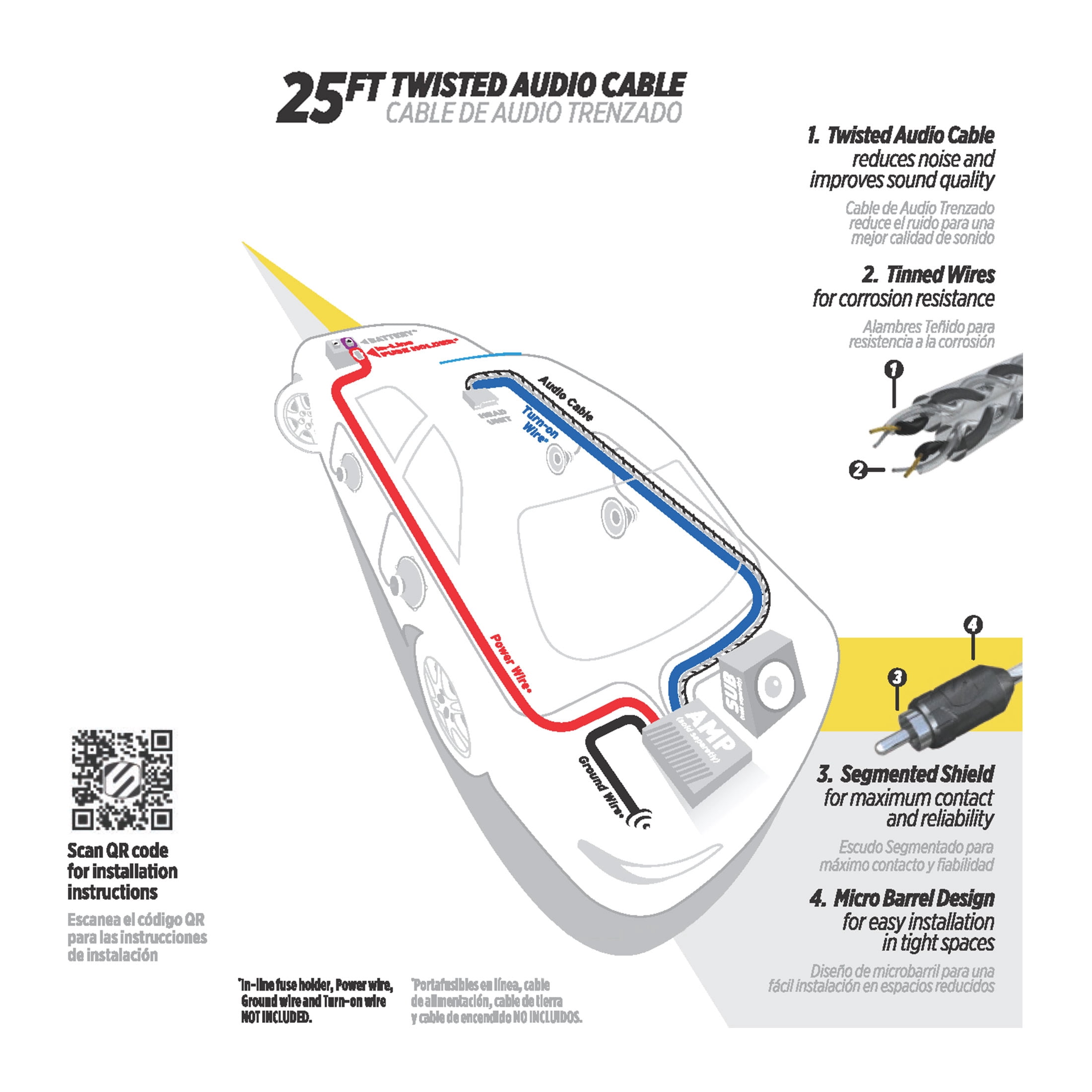 Scosche A25C4-WM1SD 25 Foot Twisted Car Stereo RCA Type Audio Cable, Gray, and White New