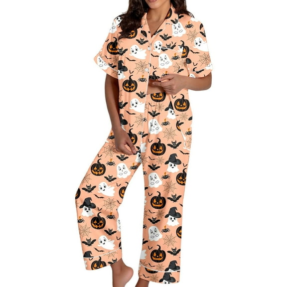 Womens Halloween Pajamas Set Casual Relaxed Fit Ghost Pumpkin Graphic Button down Short Sleeve with Pants Outfits Soft Comfy Night Wear 2 Piece Pjs
