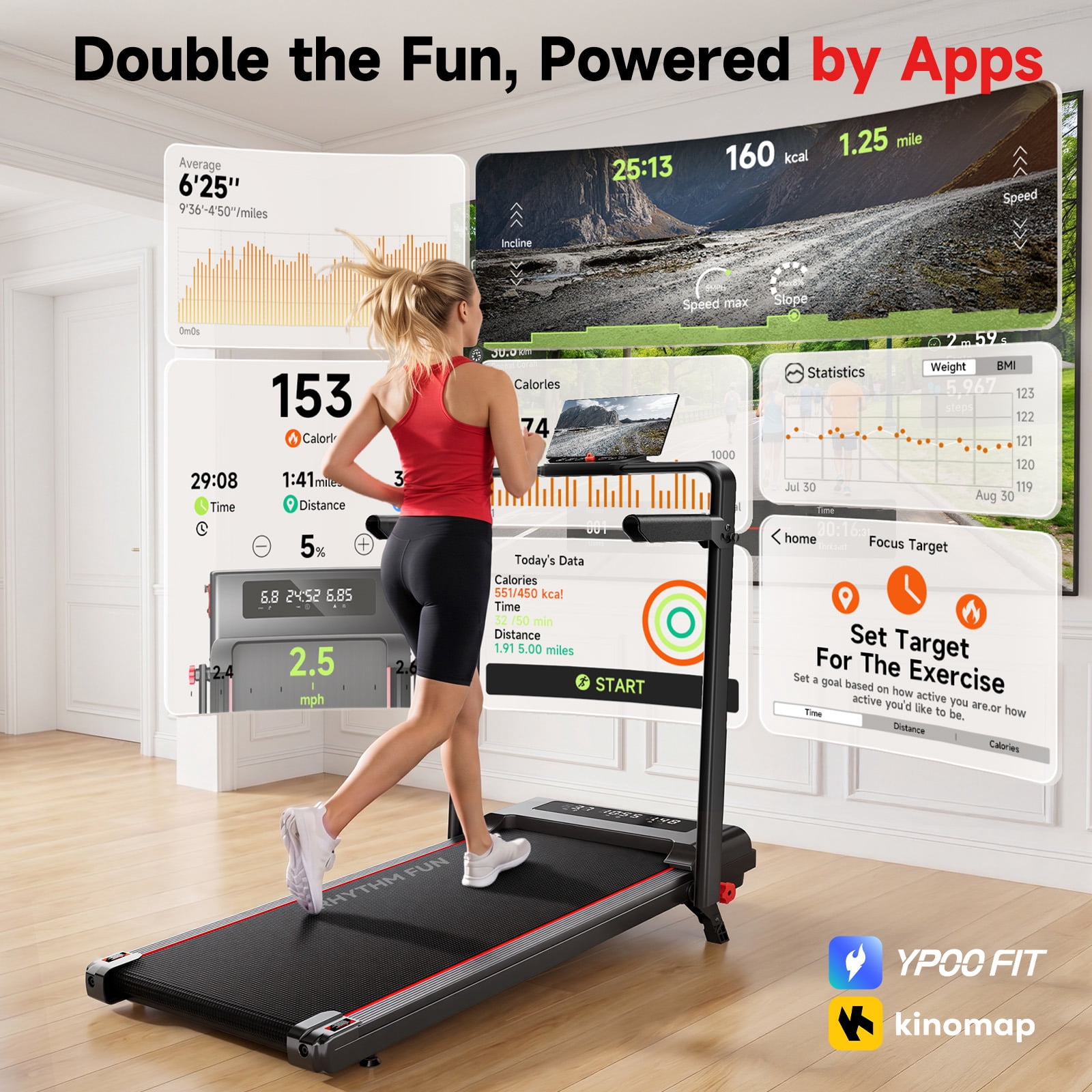 ACEVIBE Walking Pad with Incline, Foldable Walking Pad Treadmill with Handle for Home/Office
