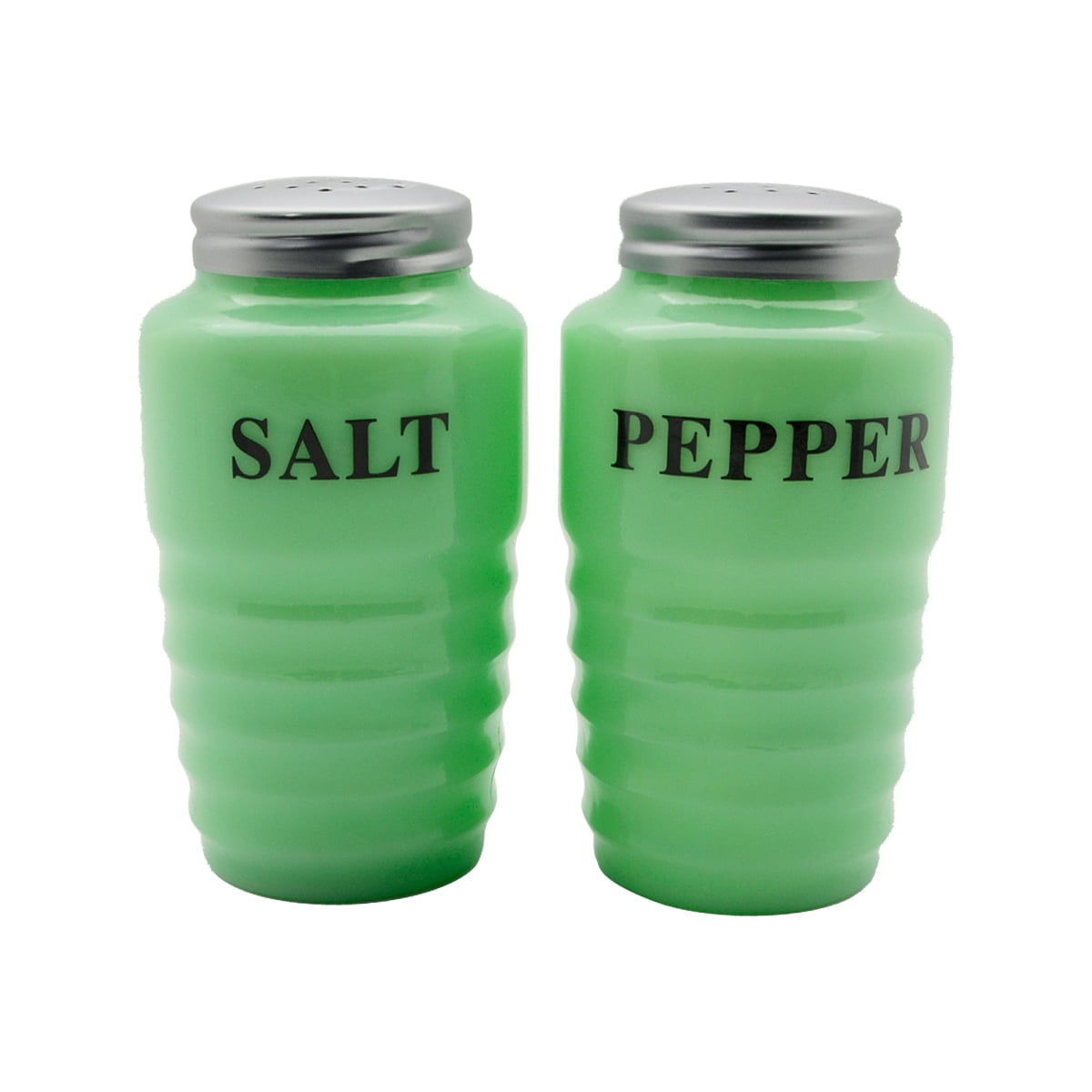 NEW Jadeite Green Glass Eiffel Tower Floral Embossed 4/" Salt /& Pepper Shakers