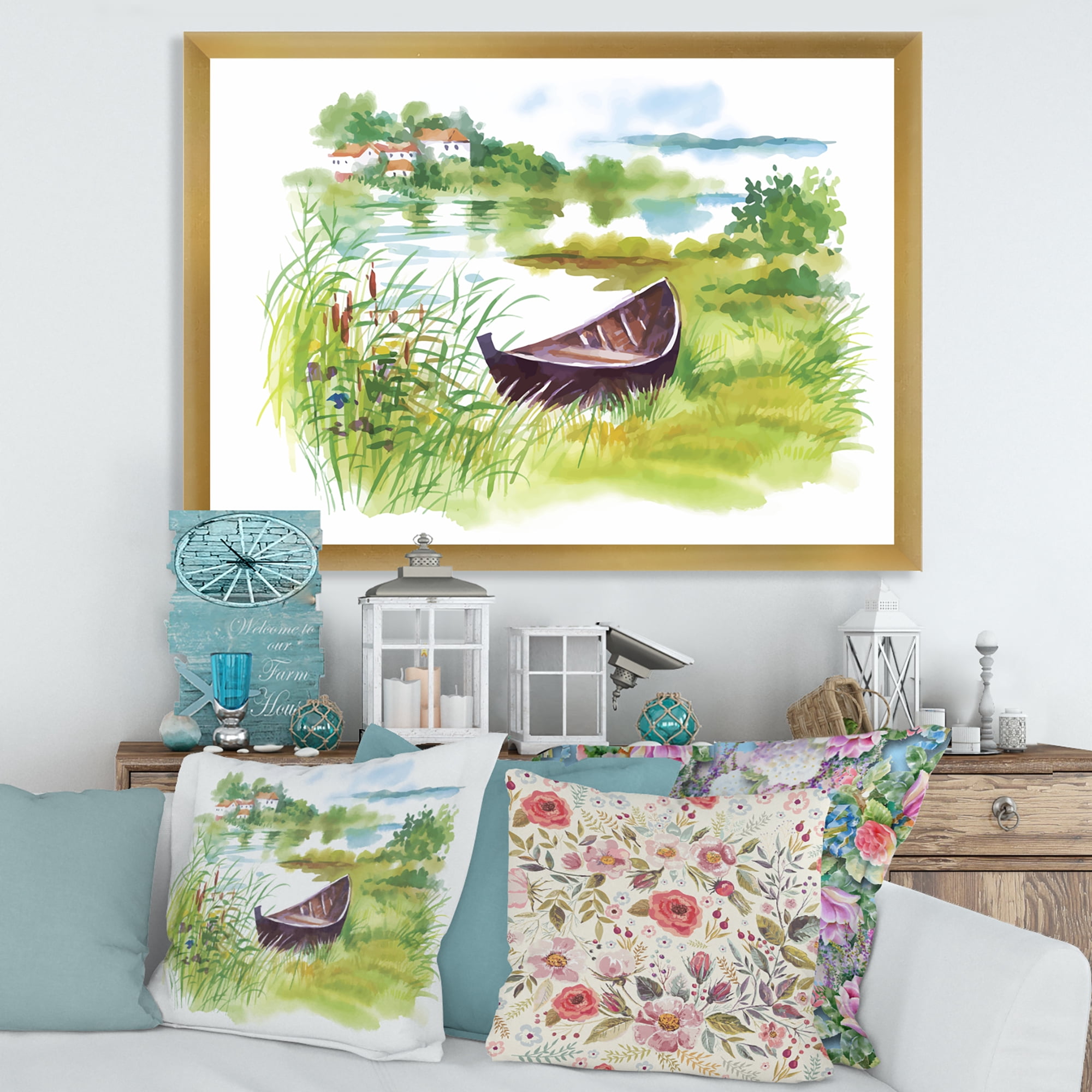 Designart 'Rural Green Landscape With Boat In Lake' Lake House Framed Art Print