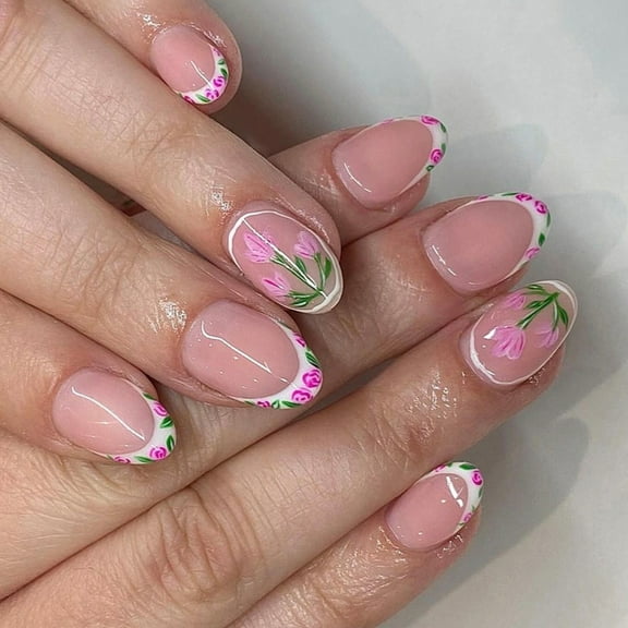 24 Pcs Flowers Press On Nail French Tip False Nail Full Cover Artificial Nail