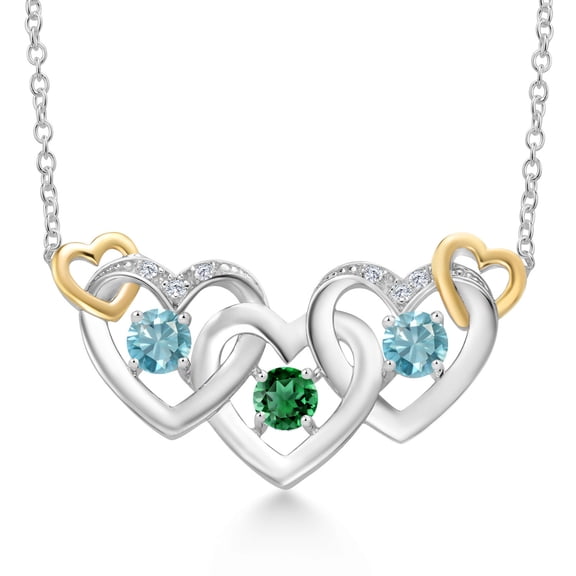 Gem Stone King 925 Silver and 10K Yellow Gold Green Nano Emerald Blue Zircon and White Lab Grown Diamond Heart Shape Pendant Necklace for Women (1.36 Cttw, with 18 inch Chain)