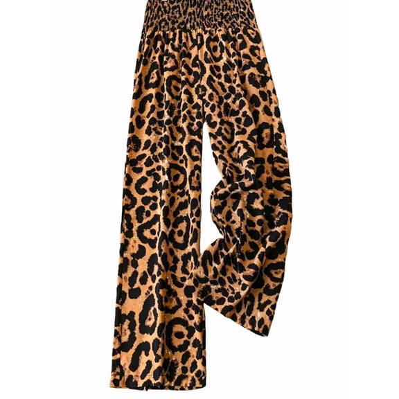 Women'S Leopard Print Wide Leg Pants Elastic Waist Casual Loose Fit Trousers Fashion Lounge Yellow Leopard XL