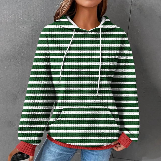 AOOCHASLIY Automne Grande Liquidation Sweat à Capuche pour Femmes 2024 Hiver Décontracté Imprimé Rayé Col Rond Manches Longues