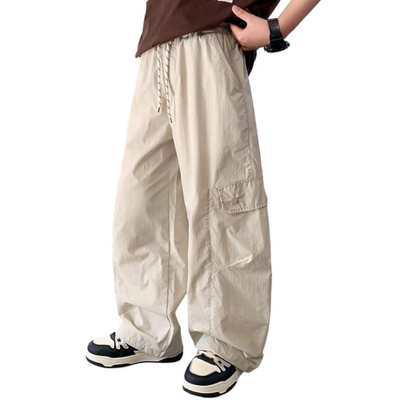 ZXLBBD Boys' Baggy Cargo Pants for High Waisted Wide Leg Loose Fit Pockets Cargo Pants for Kids Youth Streetwear Fashion Casual Daily Wear,Khaki,Size 9 Y-10 Y