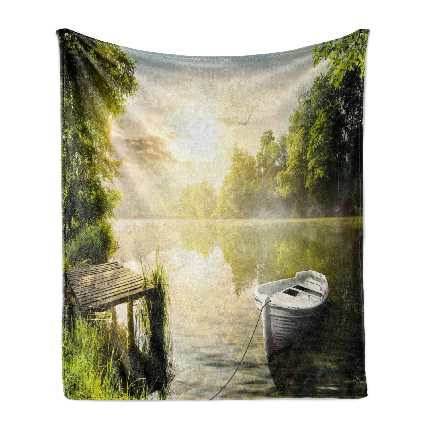 Boat by The Foggy Lake Deck Dreamy Forest in The Morning Country Style Image Ambesonne Nature Throw Blanket Flannel Fleece Accent Piece Soft Couch Cover for Adults 50 x 60 Olive Green White 