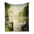 thumbnail image 1 of Nature Soft Flannel Fleece Blanket, Boat by the Foggy Lake Deck Dreamy Forest in the Morning Country Style Image, Cozy Plush for Indoor and Outdoor Use, 50" x 70", Olive Green White, by Ambesonne, 1 of 6