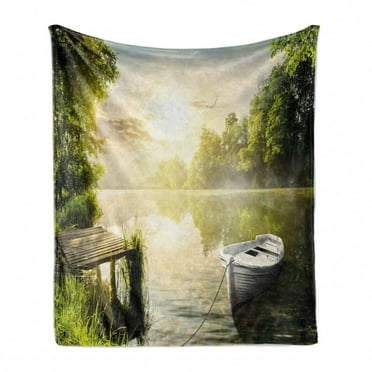 Nature Soft Flannel Fleece Blanket, Boat by the Foggy Lake Deck Dreamy Forest in the Morning Country Style Image, Cozy Plush for Indoor and Outdoor Use, 70" x 90", Olive Green White, by Ambesonne