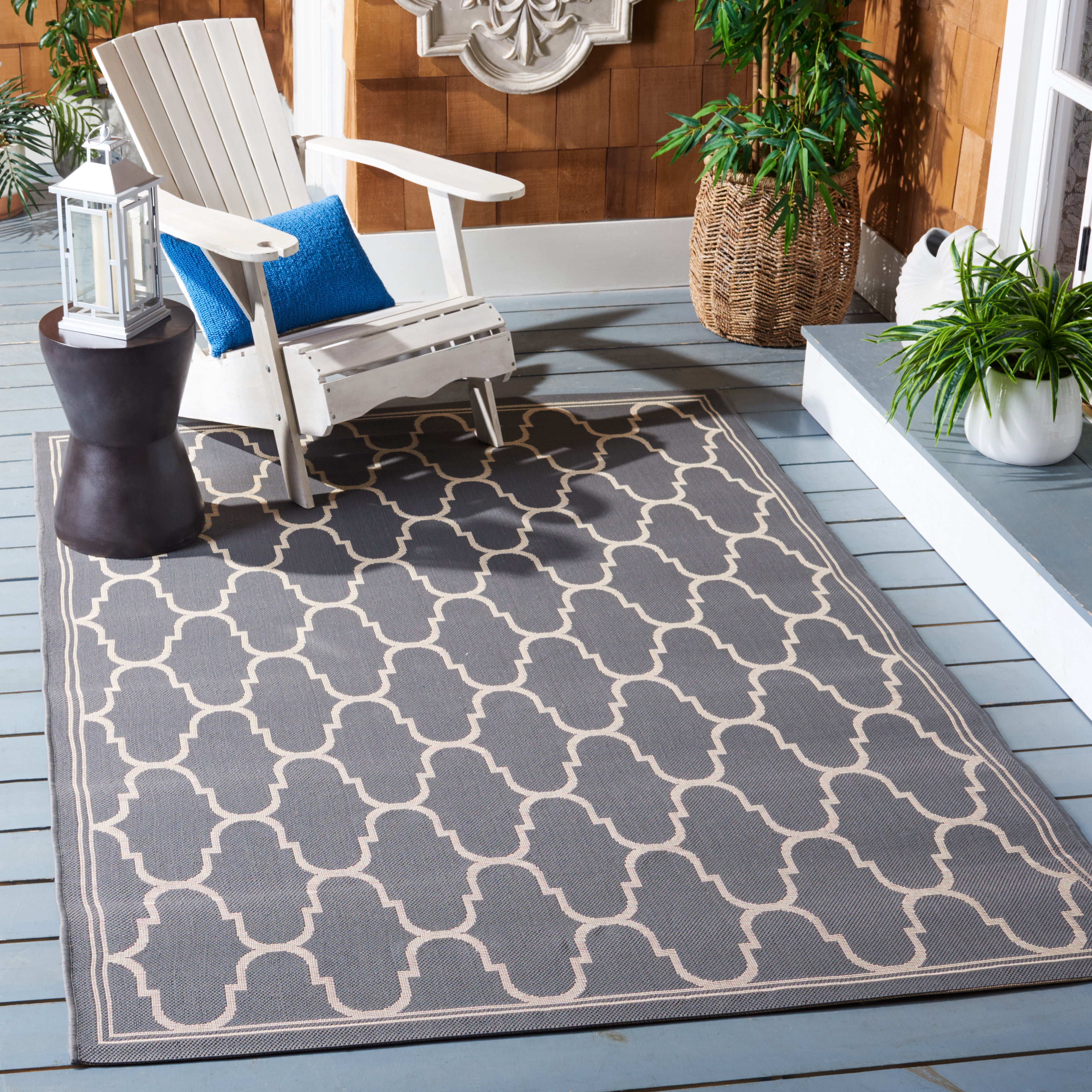 SAFAVIEH Courtyard Eustacia Geometric Trellis Indoor/Outdoor Area Rug Anthracite/Beige, 6'7" x 9'6"