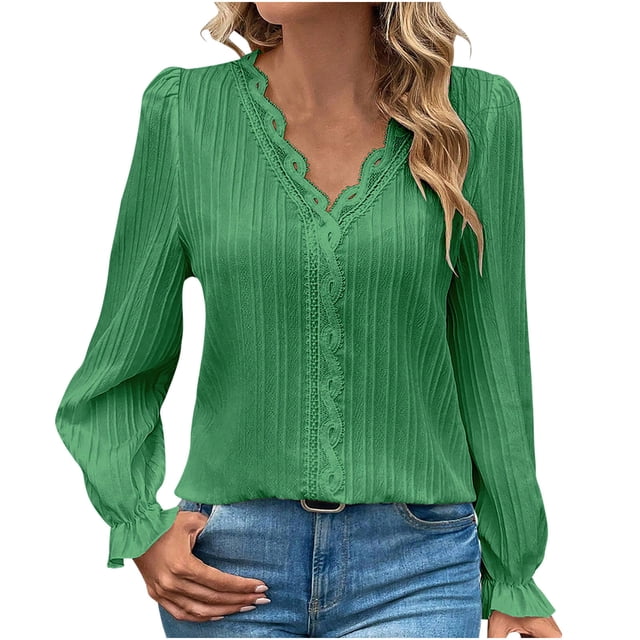 FAIWAD Women's Long Sleeve Tunic Tops V Neck Lace Patchwork Solid Color Lightweight Tops