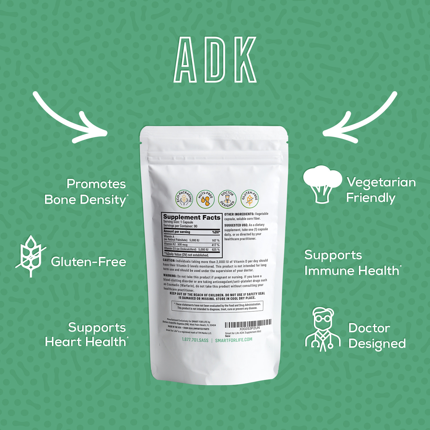 Smart for Life A.D.K - ADK Vitamins 90 Capsules |A 5,000 IU | D3 5,000 IU |K2 (as MK-7) 500mcg | Support Bone Structure |Physician Formulated