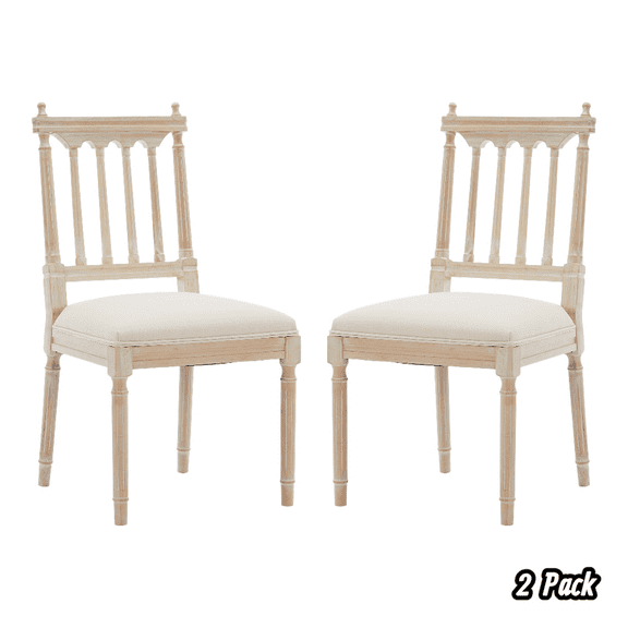 Hassch Antique Wooden Dining Chairs Set of 2, Armless Farmhouse Side Chairs with Slatted Backrest and Comfortable Cream Linen Upholstered Padded Seat, Easily Assembled