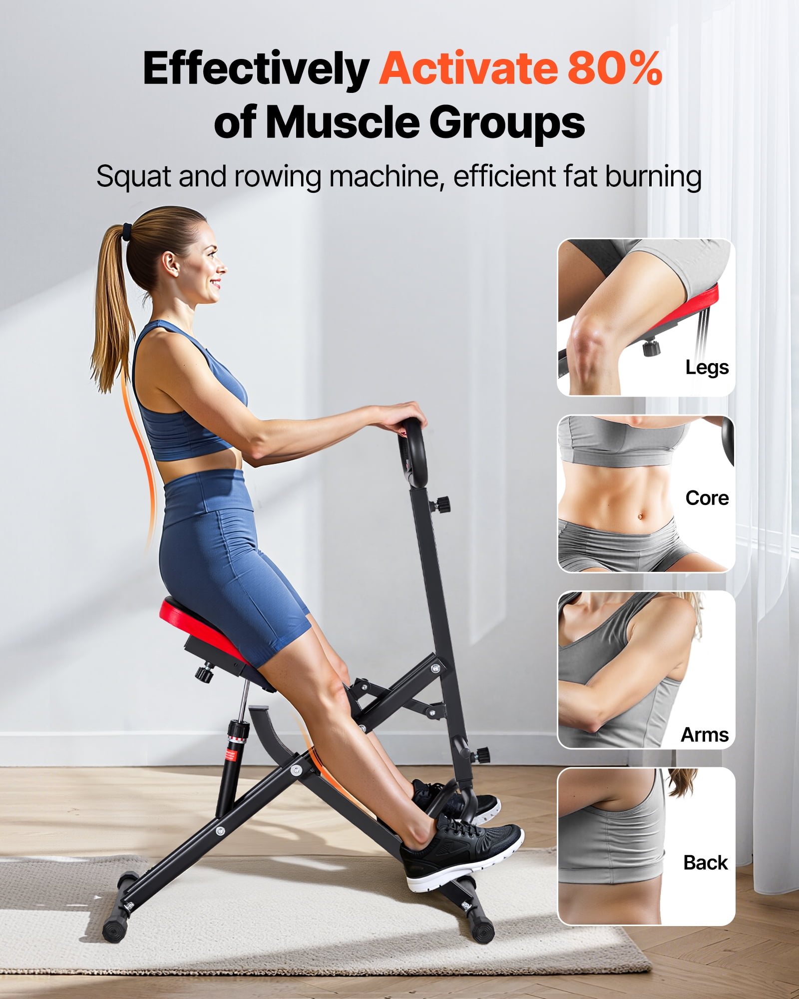 VEVOR Squat Machine, Deep Squat Rowing Machine for Home, Easy Setup & Foldable Exercise Equipment, Glute Trainer Machine with 12-Gear Adjustable Resistance, Glutes & Leg Home Workout Machine, Black