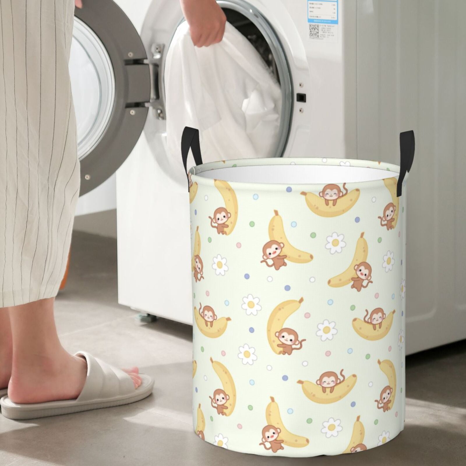 Large Laundry Basket with Handles - Cute Banana Monkey Flower Kids Baby Dirty Clothes Laundry Hamper for Bedroom Aesthetic