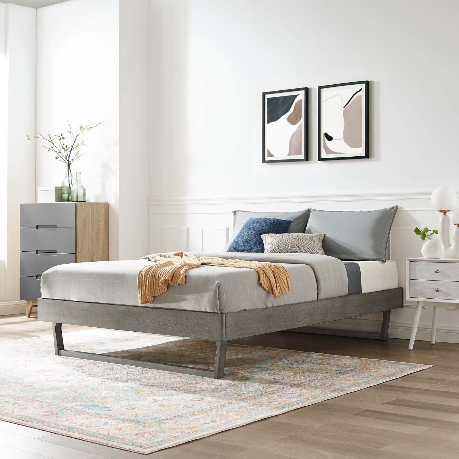 Platform Bed Frame, King Size, Wood, Grey Gray, Modern Contemporary Urban Design, Bedroom Master Guest Suite