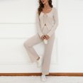 thumbnail image 2 of dGslk Women’s Long Sleeve Striped Knit Top and Flare Pants Two Piece Outfit Set Casual Stretchy Loungewear for Everyday Wear Beige L, 2 of 2