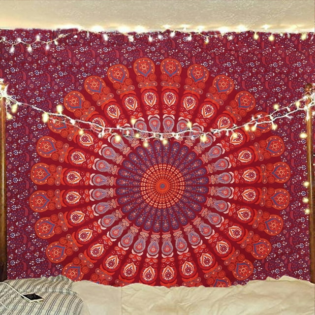 Tapiz mandala de pavo real bohemio indio hecho a mano, 215 x 230 cm