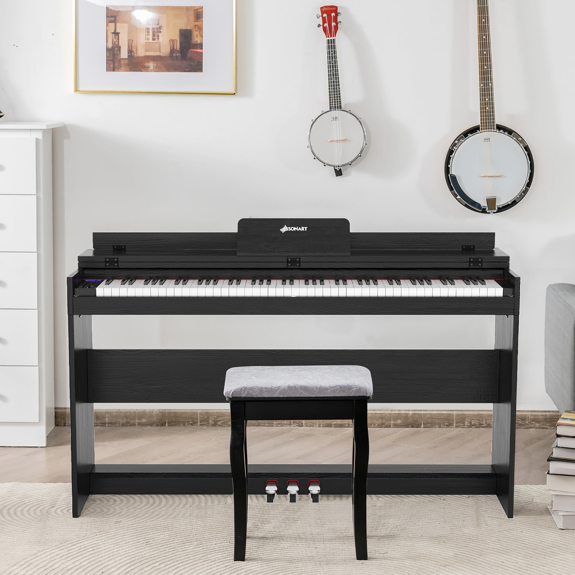 Learn piano online by yourself. Use a tablet or computer to learn piano  tutorials online. The black grand piano has a tablet placed on a notebook  stand. 3D Rendering. 6667060 Stock Photo