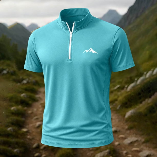 Blusa y camisa de manga corta con cuello alto para hombre, de verano, de color liso, ajustada, deportiva, con cremallera, de manga corta, con cuello alto.