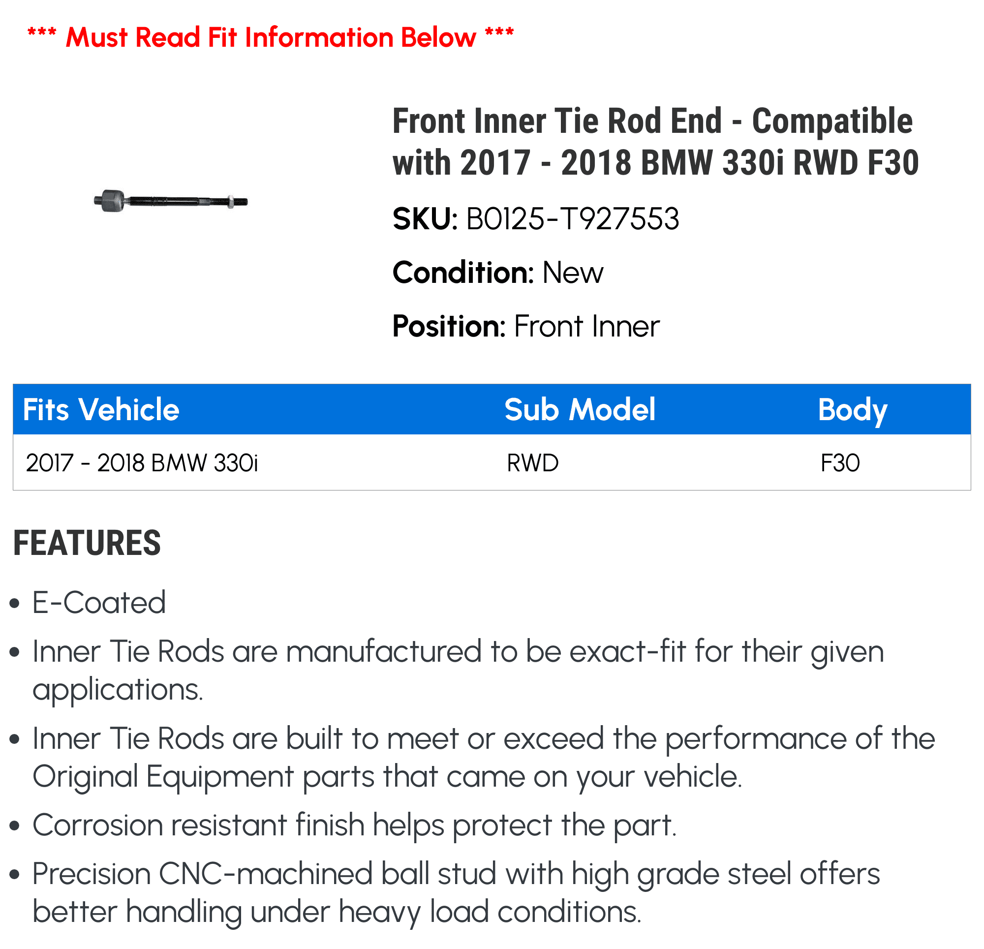 Front Inner Tie Rod End - Compatible with 2017 - 2018 BMW 330i RWD F30