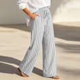 thumbnail image 5 of Yxbdin Striped Print Linen Pants for Women Elastic Drawstring High Waist Long Pants Comfortable Relaxed Fit Casual Trousers Everyday Daily Wear, 5 of 9