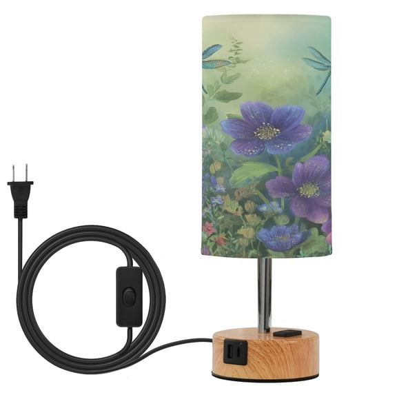Wobogo Green Dragonfly Floral Bedside Lamp Touch Control Table Lamp with USB A C Charging Ports & AC Outlet 3-Way Dimmable Nightstand Lamp with Linen Fabric Shade for Bedroom Living Room