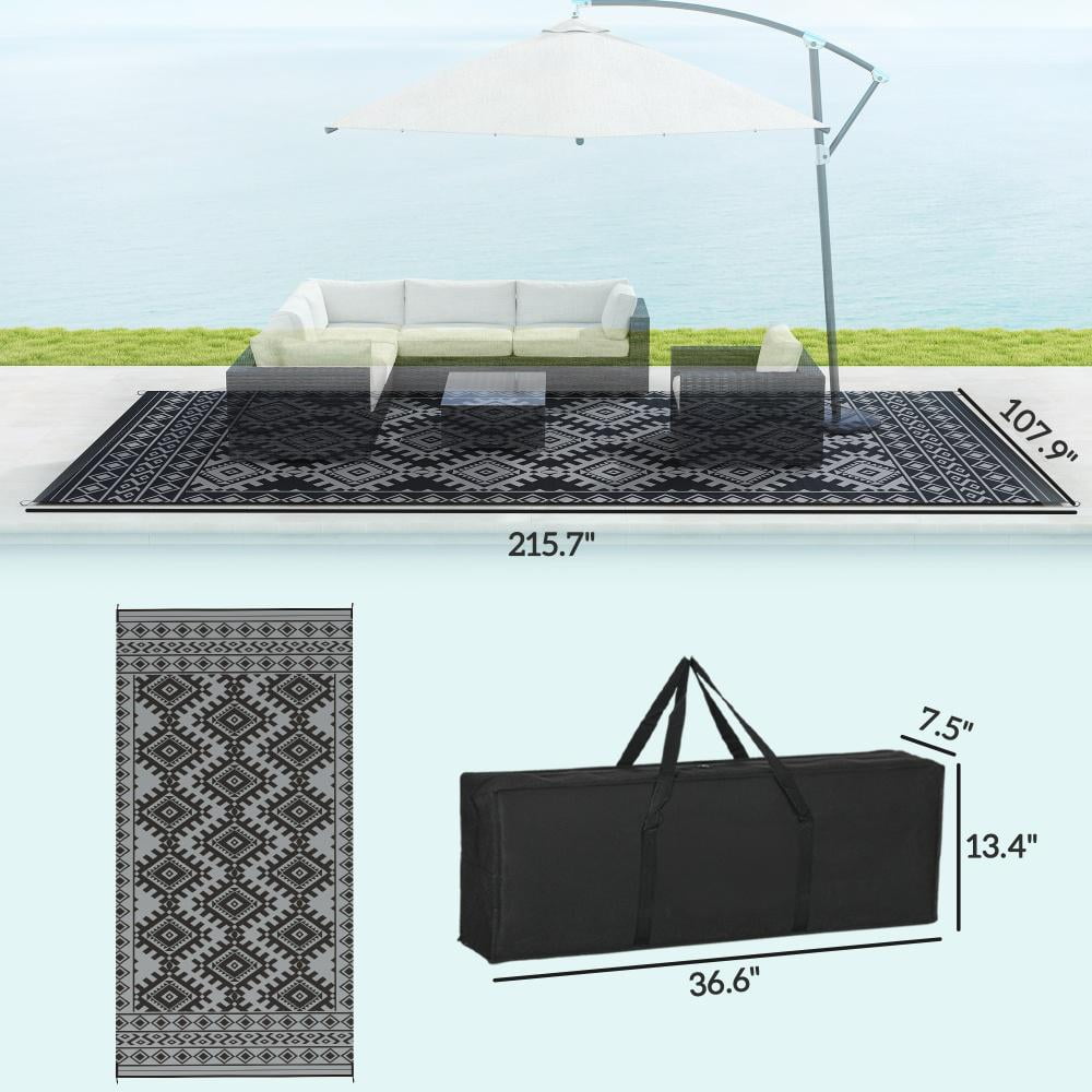 9' x 18' Black & Gray Rhombus Border Reversible Outdoor Rug, Waterproof Patio Camping Mat with Carry Bag, Foldable Portable RV Carpet