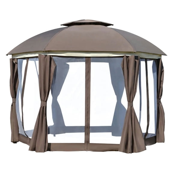 Aimee Lii 12' x 12' Round Outdoor Canopy Tent, Patio Dome Canopy Tent Canopy Shelter with Double Roof, Curtains, Zippered Doors, Strong Steel Frame, Shade Canopy, Outdoor Canopy, Brown