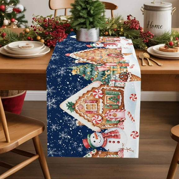 Burlap Table Runner 36 Inches Long,Winter Christmas Snowman Non-Slip Kitchen Table Runners for Dining Room Everyday Use Party Table Decorations Gingerbread Candy