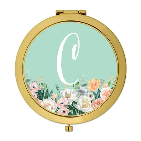 Mirror Perch - Andaz Press Gold Compact Mirror Bridesmaid's Wedding Gift, Peach Flower Florals on Mint Green, Monogram Letter C, 1-Pack