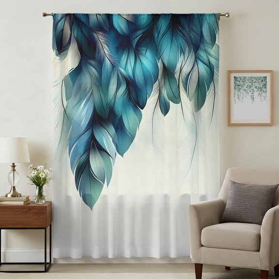 Turquoise Feather Sheer Curtains 72 Inches Long, Abstract Beige Peacock Feather Light Filering Curtains, Breathable Simi Curtain Privacy Drapes for Living Room Bedroom Lightweight Window Treatment
