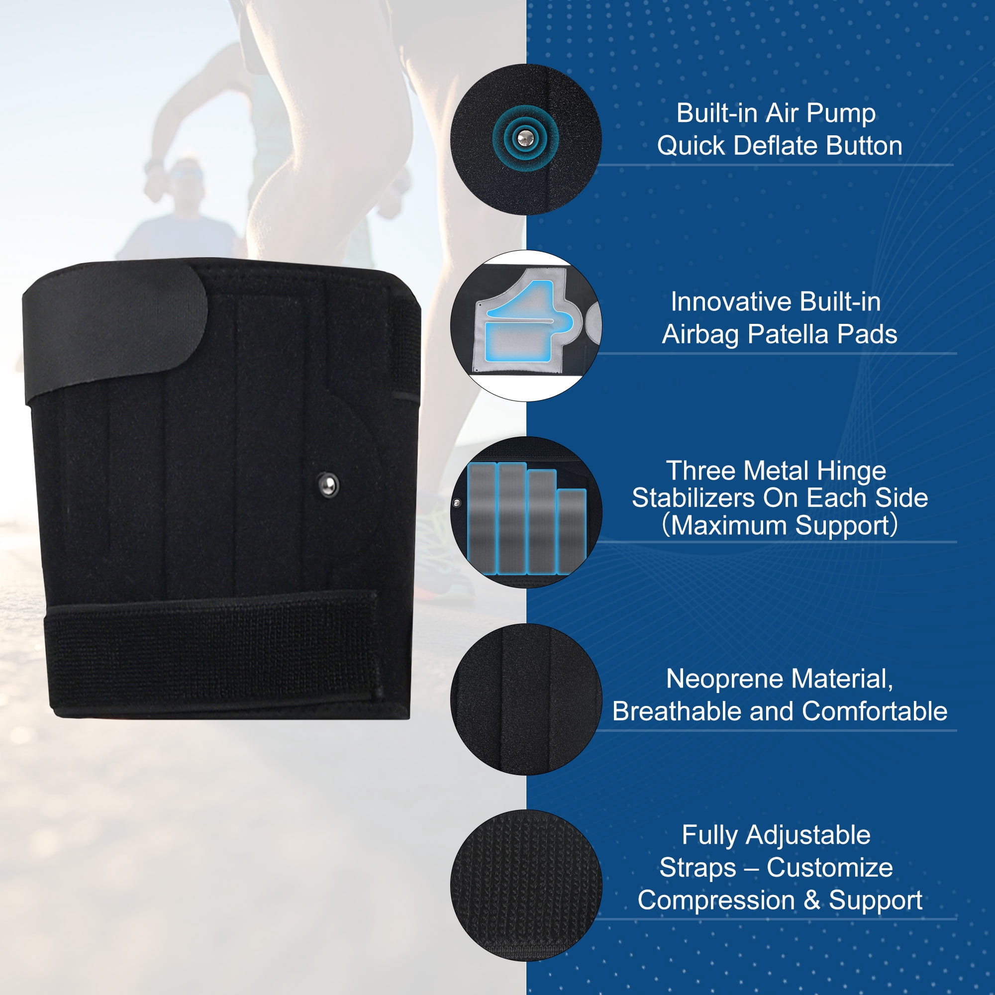 HLTHZONE Hinged Knee Brace with 6 Aluminum Splints & Manual Air Pump, Adjustable Compression Knee Support for Knee Pain Relief, Meniscus Tear, Arthritis, Sports Recovery, Adjustable, Black