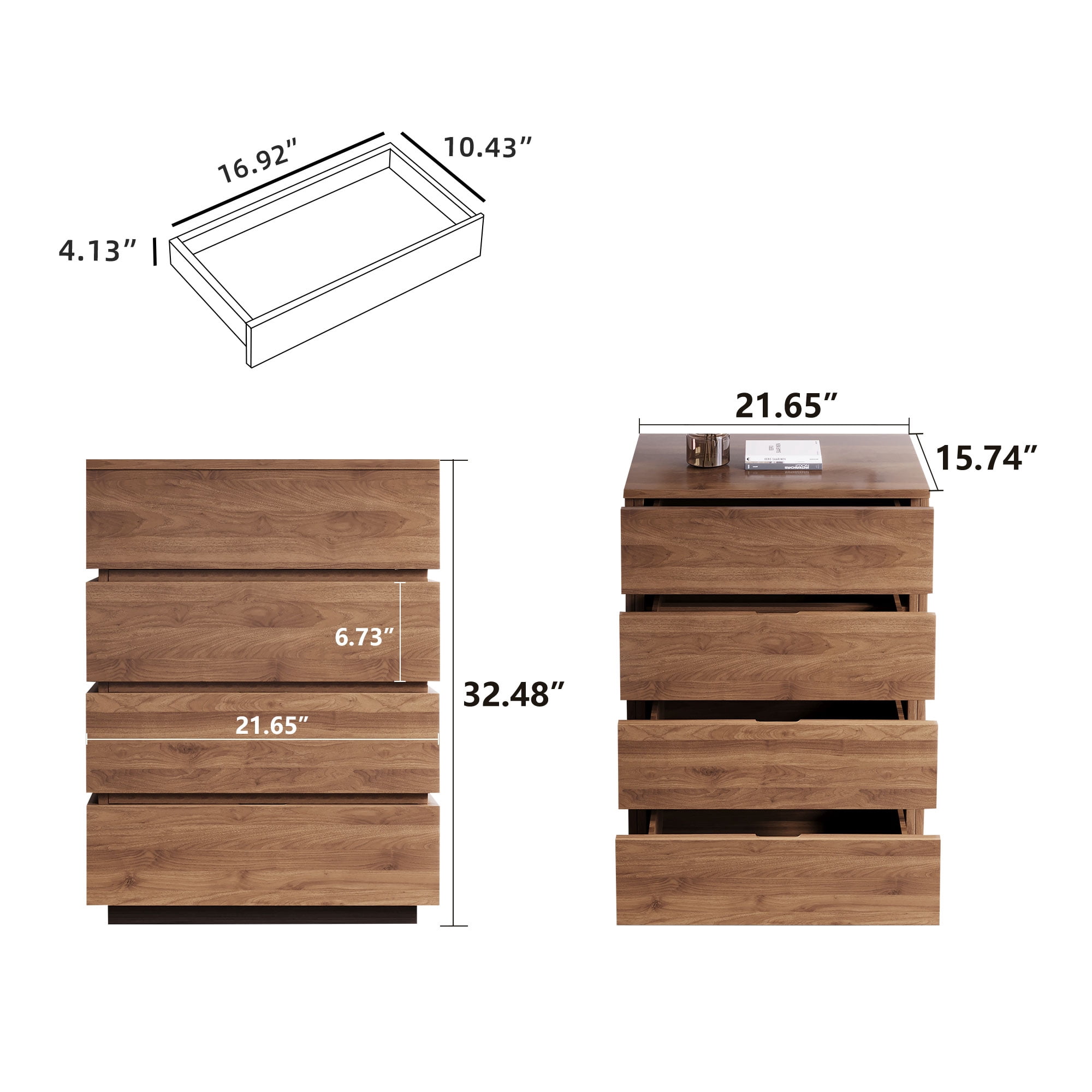 NessCarsti Modern Storage Cabinet with 4 Drawers and Shelves, Walnut Brown, 21.65"