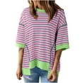 thumbnail image 2 of RXIRUCGD Hauts pour Femmes Décontractés à Col Rond, Manches Mi-Longues, Ourlet à Blocs de Couleur Rayé, Chandail Tendance, Épaules Tombantes, T-Shirts Blouse, Violet, Taille : TG, 2 of 6