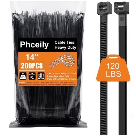 Phceily 200Pcs 14'' Black Zip Ties 120lb Heavy Duty Nylon Cable Ties UV Resistant