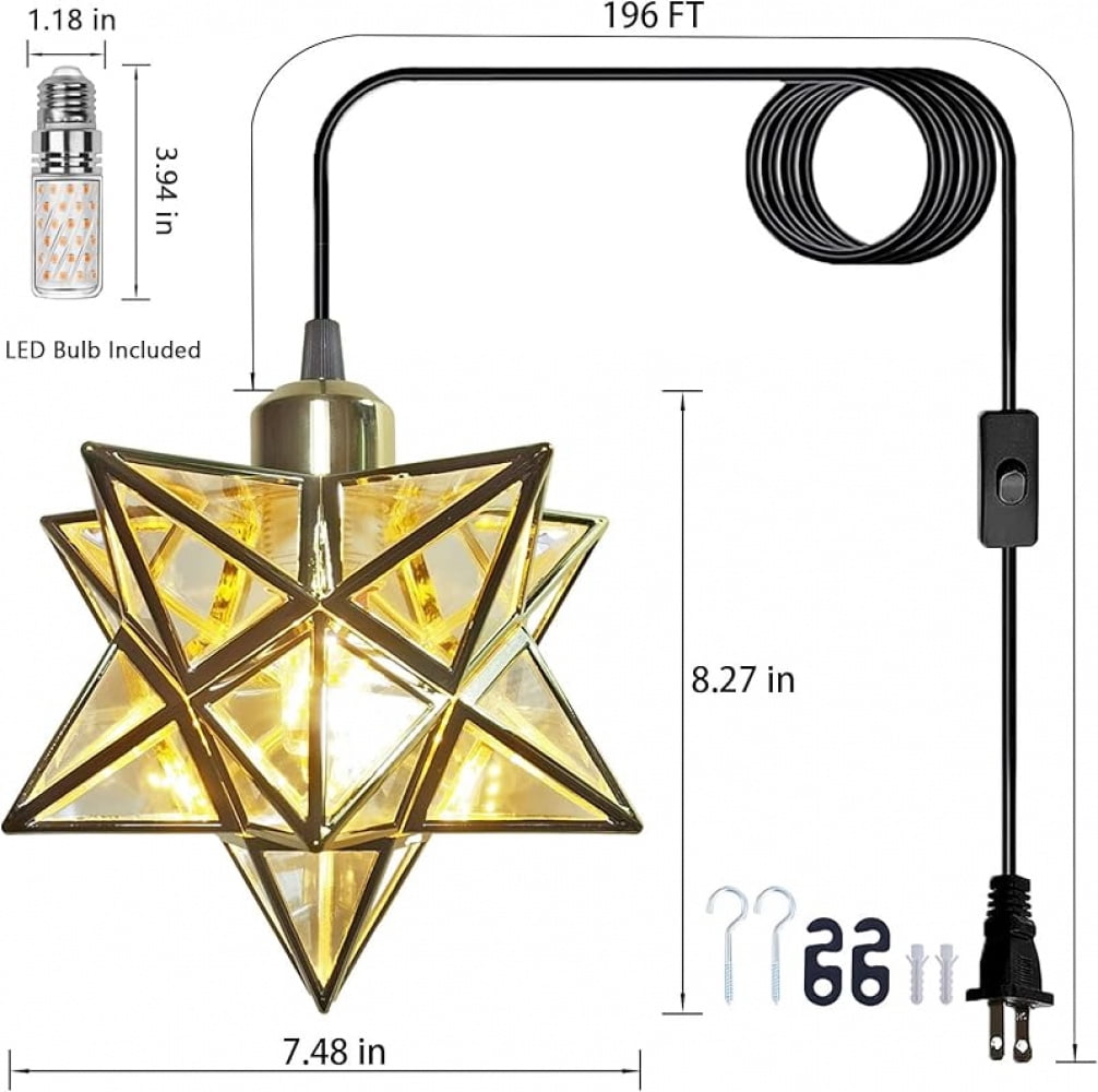 Gold Moravian Star Hanging Light with 16.5ft Plug-in Cord,Farmhouse Star Pendant Light Fixture with Switch,Indoor Decorative Ceiling Light for Bedroom Kitchen Island Porch Etc(LED Bulb Include)