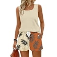 thumbnail image 3 of Floral Resort Wear Co-ord Set for Women - Sleeveless Square Neck Top & Drawstring Waist Shorts with Pockets, Trendy Summer Vacation Matching Outfit Beige L, 3 of 6