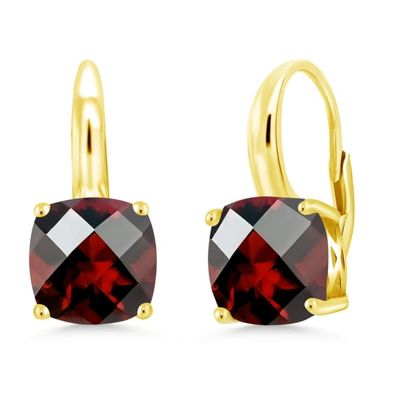Gem Stone King 5.00 Ct Cushion Checkerboard Red Garnet 18K Yellow Gold Plated Silver Earrings