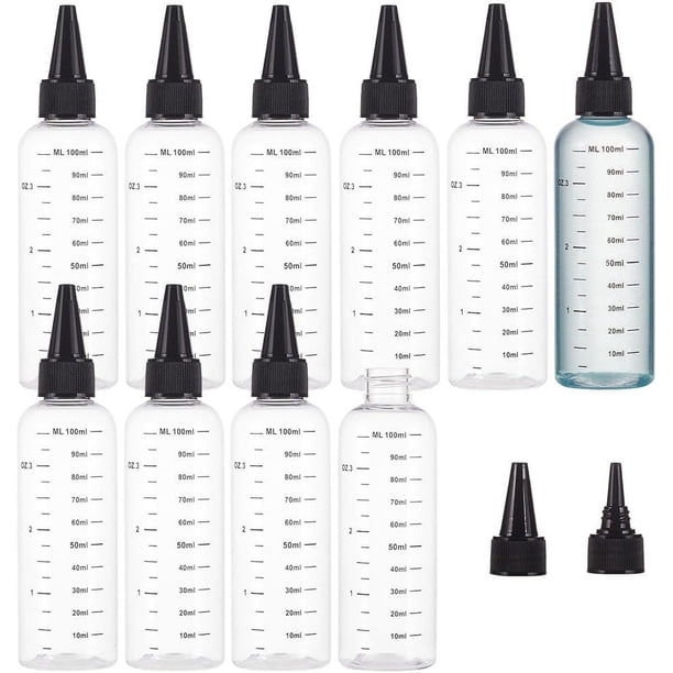 Paquete de 10 botellas exprimibles de plástico de 100 ml/3,4 oz con escala, PET transparente, tapa de rosca negra, botellas dispensadoras graduadas.